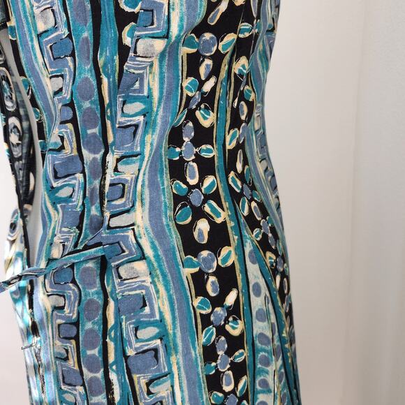 Vintage 90s Abstract Blue Green Sleeveless Midi Dress Criss Cross Neckline 12 - Picture 13 of 14